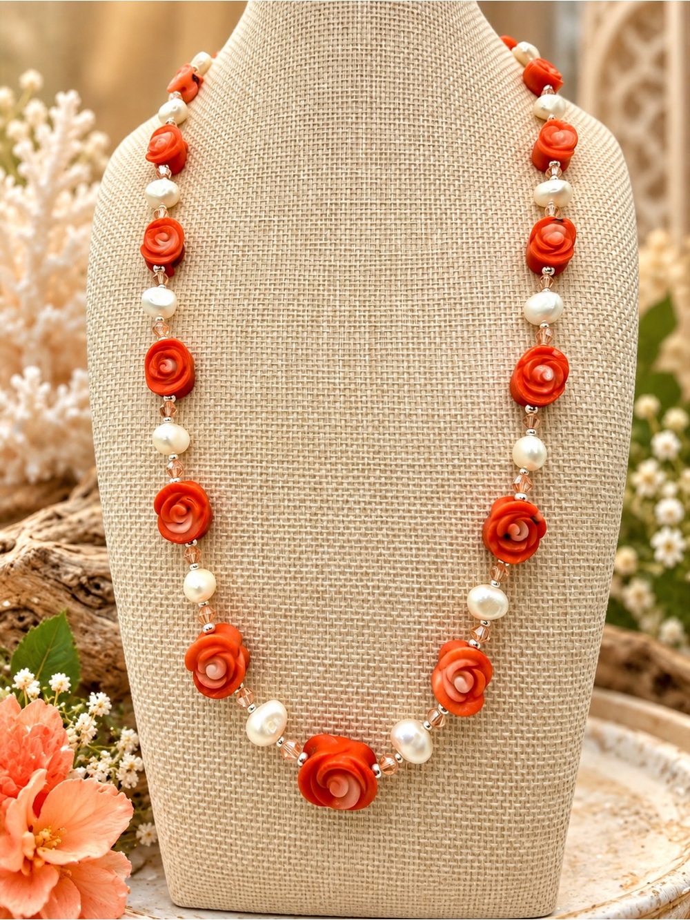 Artisan Carved Coral Flower Genuine Pearl Swarovski Sterling 925 Necklace 20”